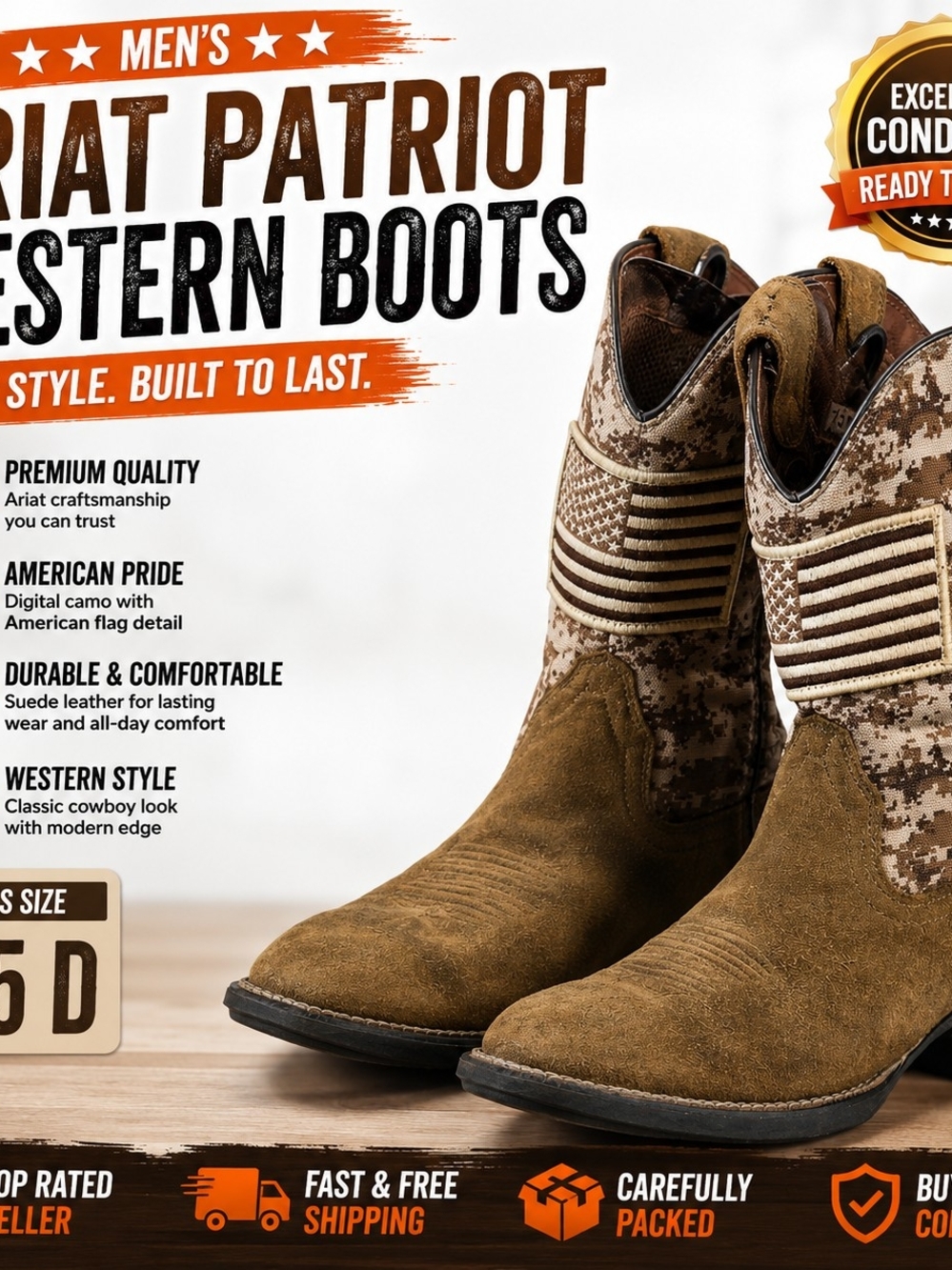 Ariat Patriot Western Boots Men's 7.5 D Brown Suede Digital Camo American Flag C